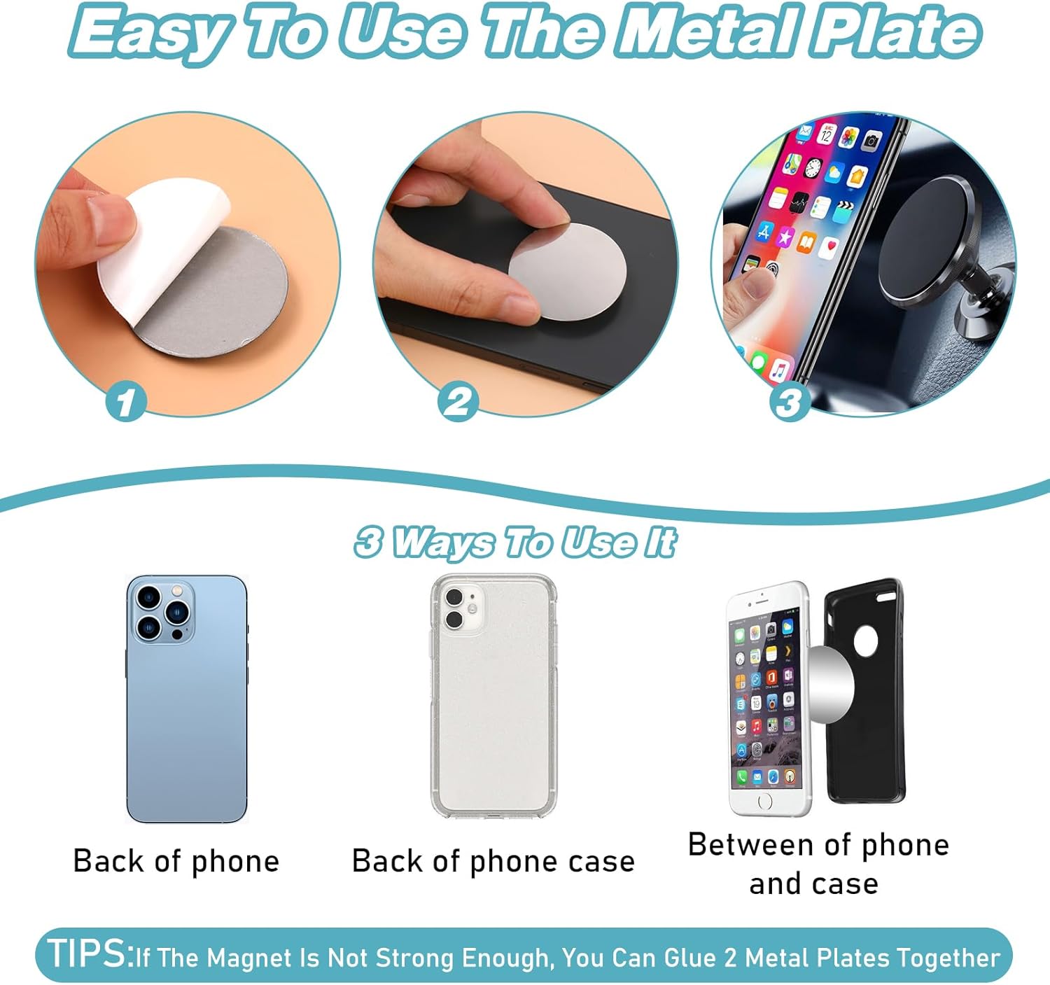 Universelle Metallplatte für magnetische Telefon-Autohalterung mit Kleber (kompatibel mit magnetischen Halterungen)