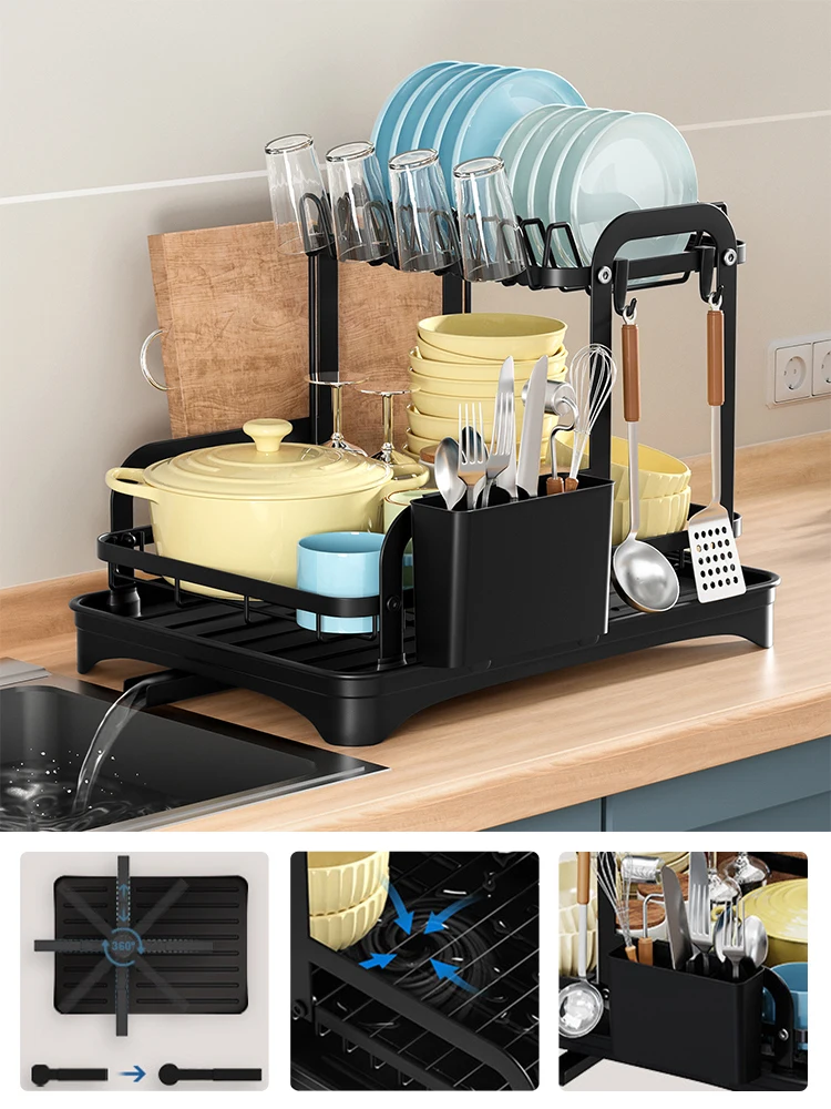 2 ชั้นจานชามDrainer Storage Rackห้องครัวจานDrying Rackพร้อมตะกร้าระบายน้ําเคาน์เตอร์อาหารเย็นOrganizer Drainboard