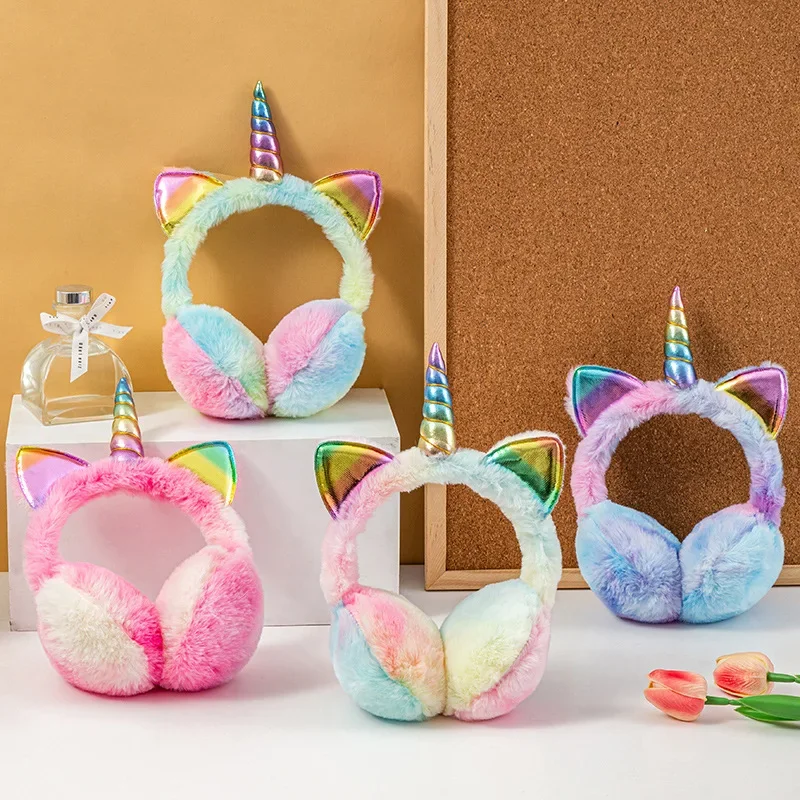 Orejeras mullidas de felpa suave de unicornio colorido para niños, orejeras de felpa cálidas de invierno con orejas de gato bonitas, sombrero de piel teñido anudado