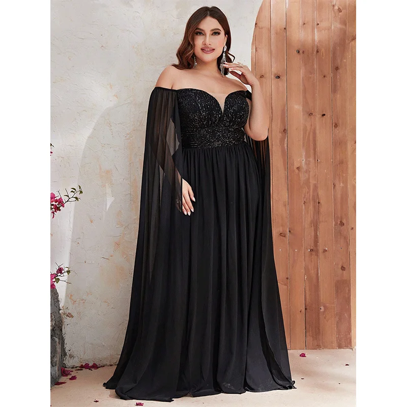 Plus Size Off Shoulder Cape Sleeve Sequined Loose Shiny Long Evening Gown Big Size Elegant Chiffon 5XL 6XL Evening Dreeses f