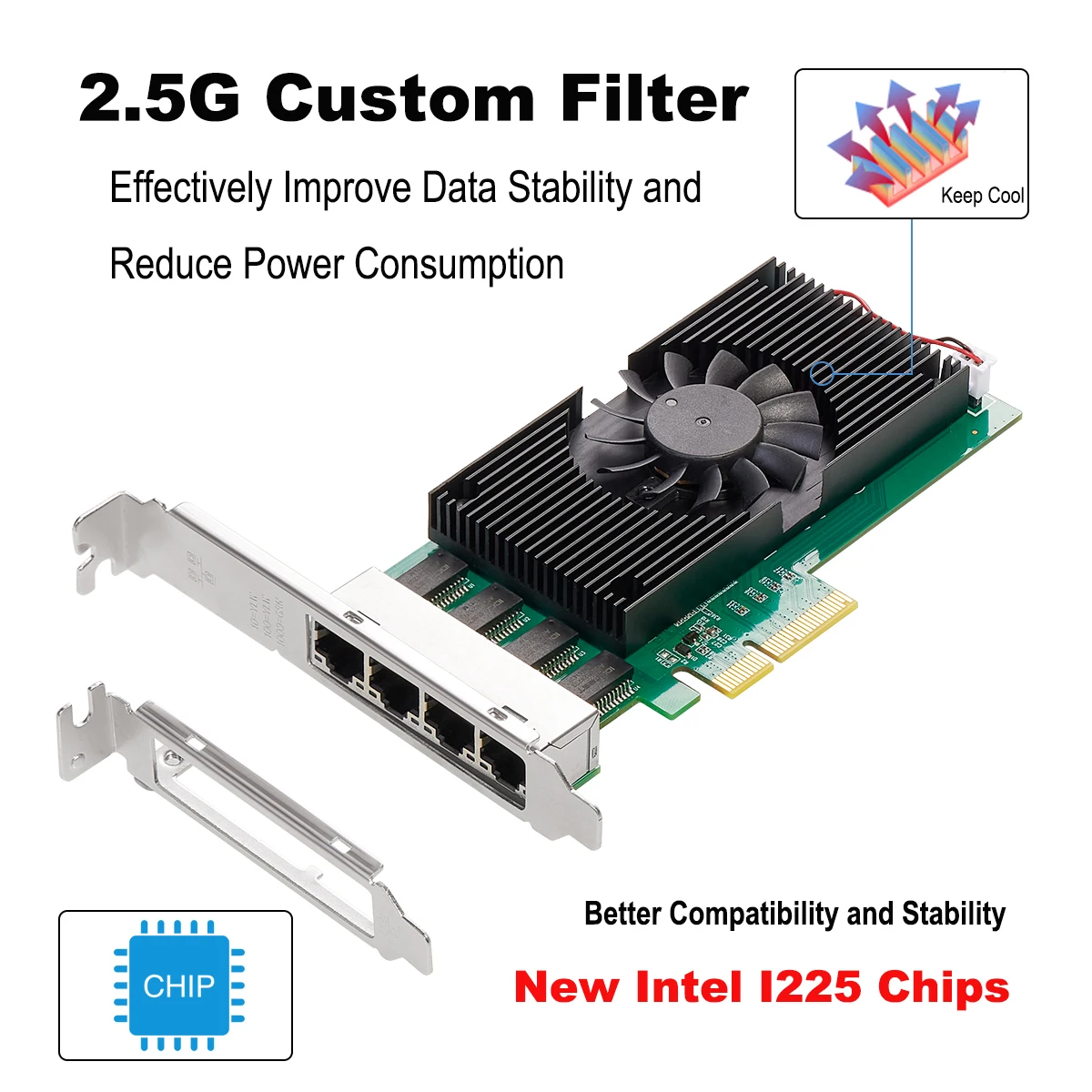 Чипы Intel I225, 4-портовый сетевой адаптер 2,5G RJ45, четырехпортовый PCIe PCI Express, 100/1000 МБ/2500 Мбит/с, сетевая карта Gigabit Ethernet Lan Card