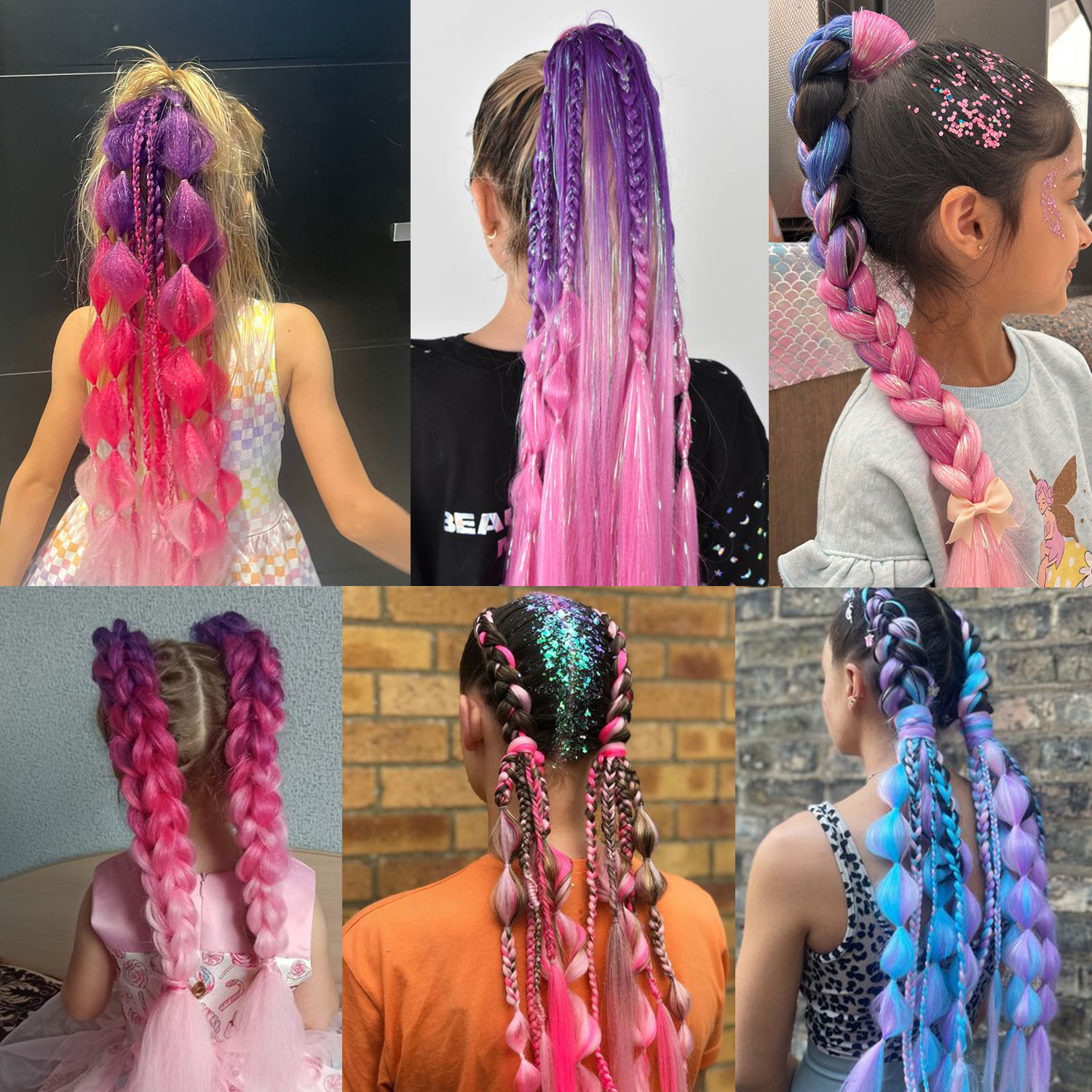 Extensión de cola de caballo de oropel púrpura, rojo y rosa con lazo elástico para el cabello, pelo trenzado sintético para niñas, pelo loco, pelo valiente para el día