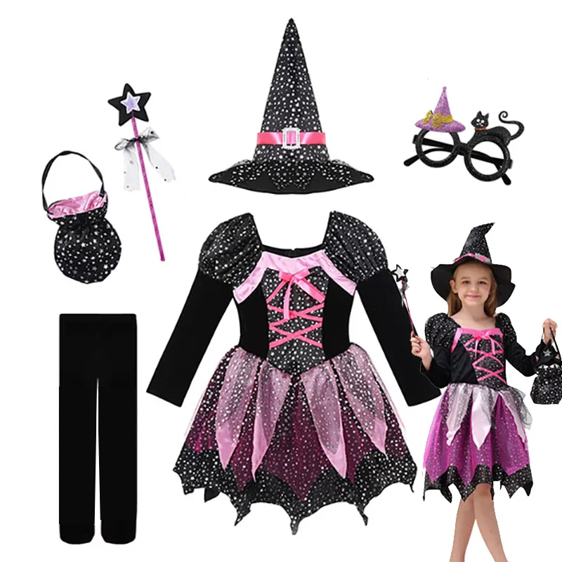 Kids 2025 Halloween Witch Costume for Girls Carnival Party Evil Lovely Witch Vestidos Set Dress+Hat+Magic Wand+Bag Clothes Set