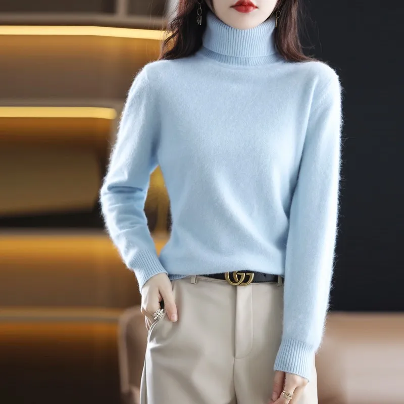 สเวตเตอร์ขนมิงค์แคชเมียร์สำหรับผู้หญิง100% ใหม่2023คอสูงถักแบบสวมหัวเสื้อให้ความอบอุ่นสำหรับ MODE Korea ฤดูใบไม้ร่วงและฤดูหนาว