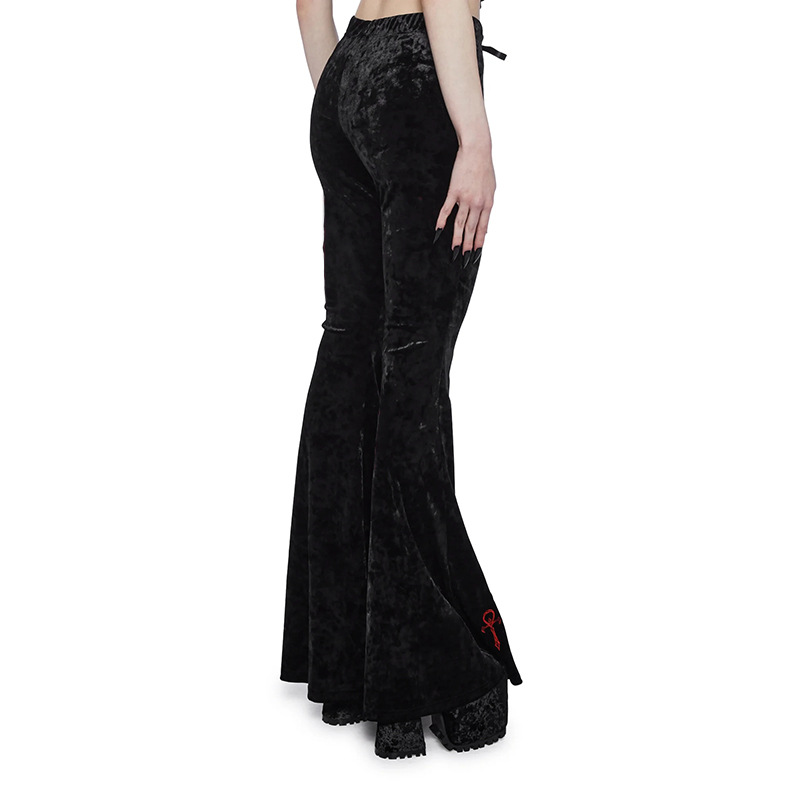 Pantalones góticos de terciopelo oscuro acampanados de cintura alta, moda Harajuku, pantalones largos suaves con bordado cruzado, pantalones ajustados góticos para centro comercial de otoño para mujer