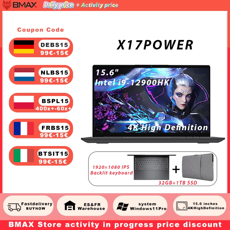 BMAX X17 Power 2025 Laptop para juegos Intel i9 12900HK 32GB RAM 1TB SSD Ultrabook de 15,6 pulgadas Bluetooth 5,4 Windows 11 Pro