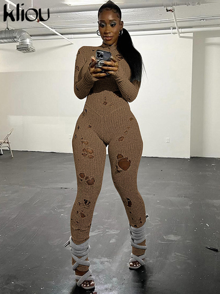 Kliou-女性用長袖ラウンドネックニットジャンプスーツ、無地、カジュアル、ボディシェーピング、クラシック、ストリートウェア、秋
