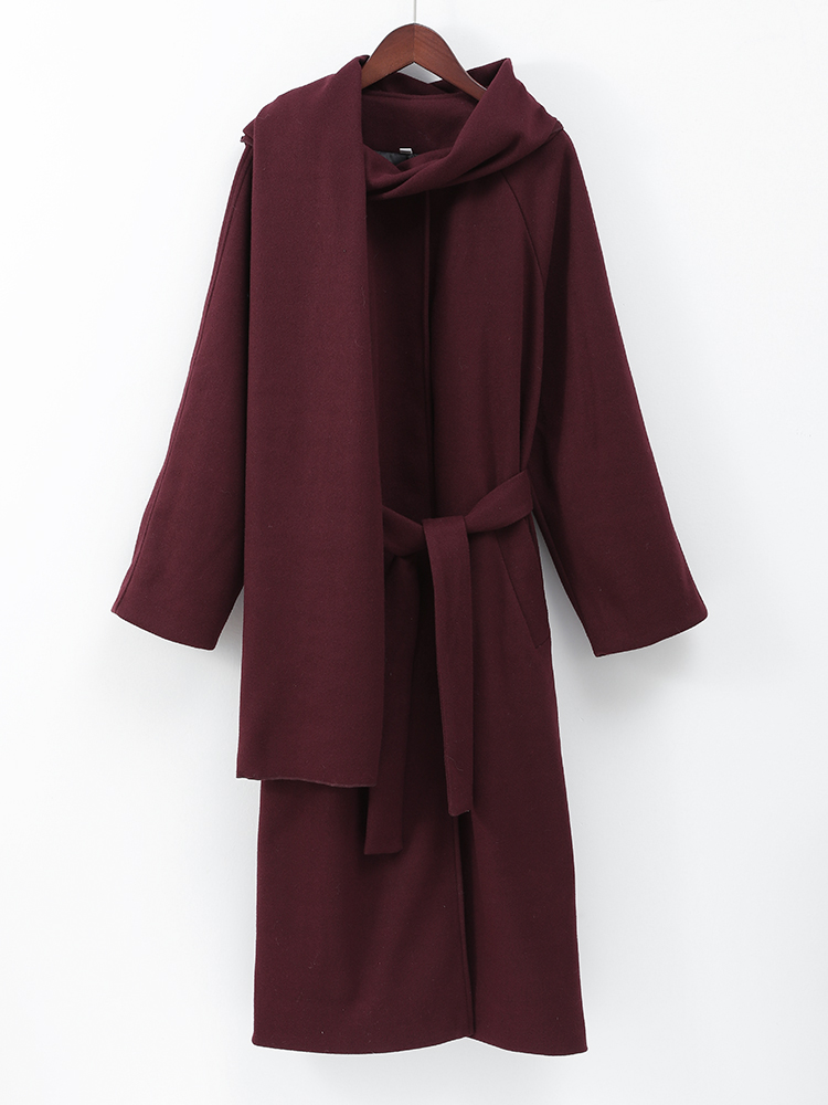 Feminino chique borgonha cachecol gola de lã casaco longo elegante solto manga cheia casaco com cinto 2024 outono inverno senhora outwear