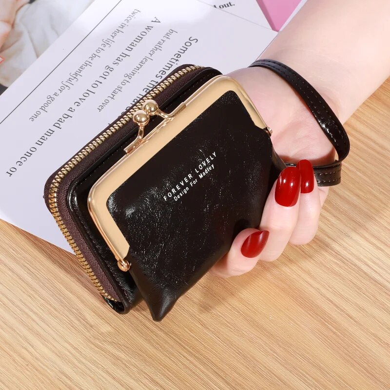 New Wallet Women's Wrist Strap Short Wax Oil Leather Zero Wallet Large Capacity Wallet Bag Letter Multi Card Card Bag Wallet