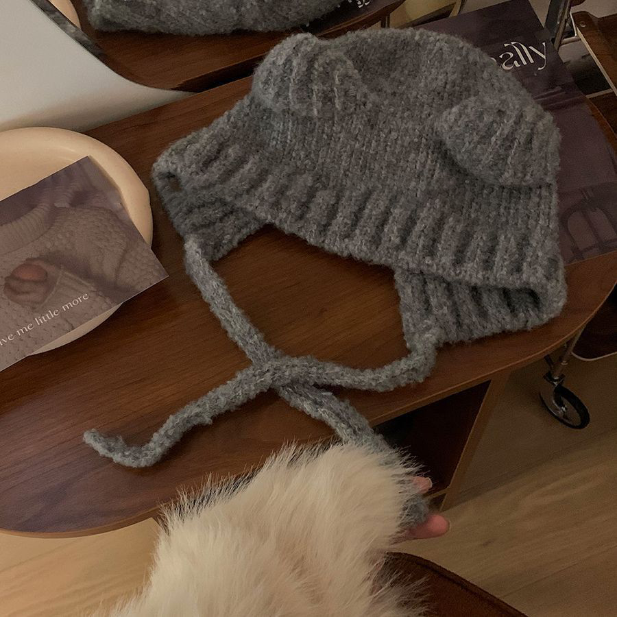 Niedliche Bären-Strickmütze, süße gestrickte Ohrkappen für Mädchen, Winter, gepolstert und verdickt, warme Mütze, großer Kopfumfang, Gehörschutzmütze