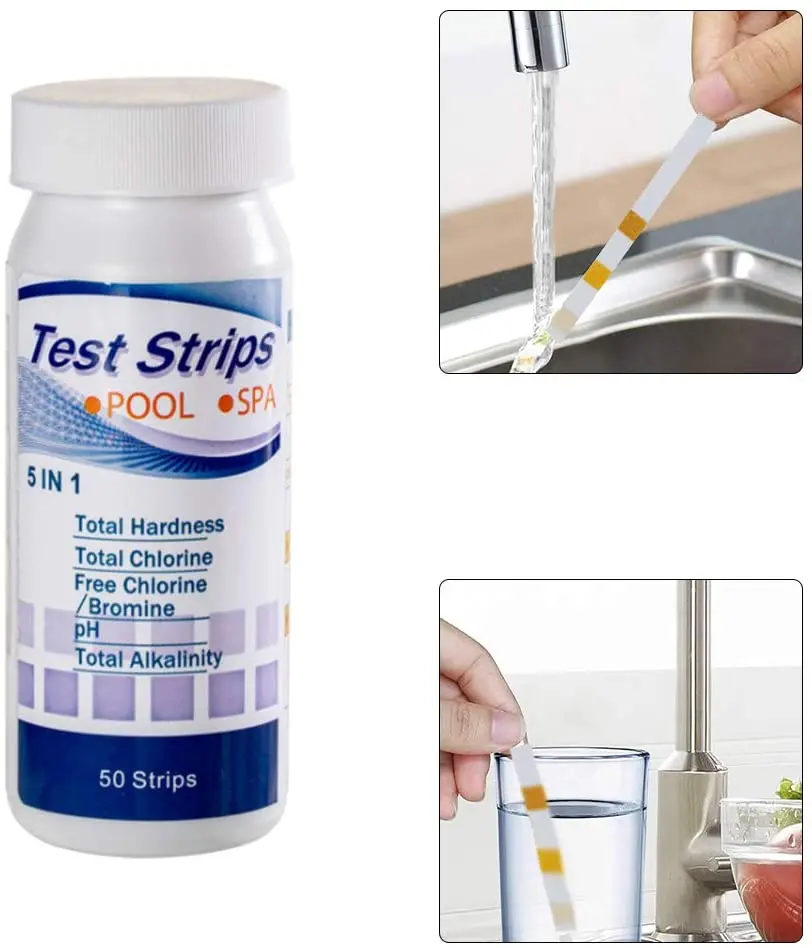Tiras reactivas de PH 5 en 1, multiusos, SPA, piscina, probador de agua, herramienta de dureza de papel embotellada, 50 Uds.