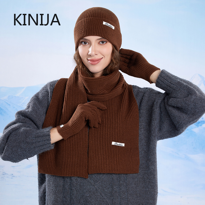 3pcs Winter Knitted Hat for Women Scarf Gloves Set Burgundy Comfortable Soft Casual Warm Hat Set Outdoor Windproof Riding Set