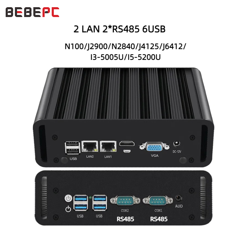 Lüfterloser industrieller Mini-PC Intel N100 J6412 Dual LAN 2xCOM RS485 6USB 4G SIM GPIO WiFi-Unterstützung Computer