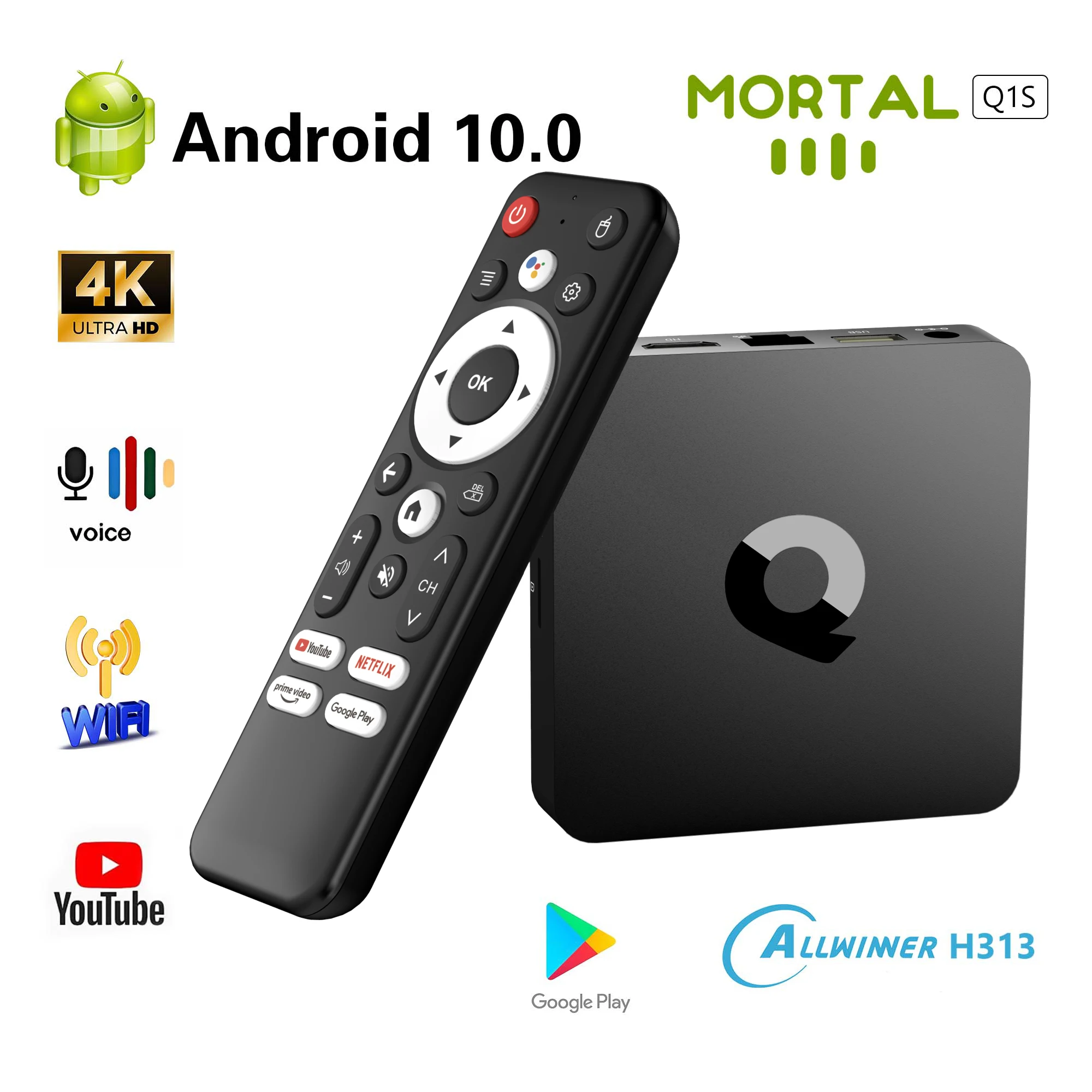 Mortal Q1S Versão Global Smart Android TV Box 4K Streaming Media player AllwinnerH313 BT Assistente de Voz H.265 Iptv 2.4G5GWifi