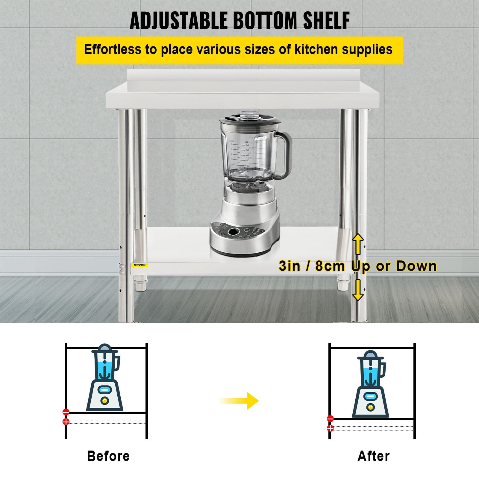 Stainless Steel Prep Table, 36 x 24 x 35 inch, 440lbs Load Capacity Heavy Duty Metal Worktable with Backsplash