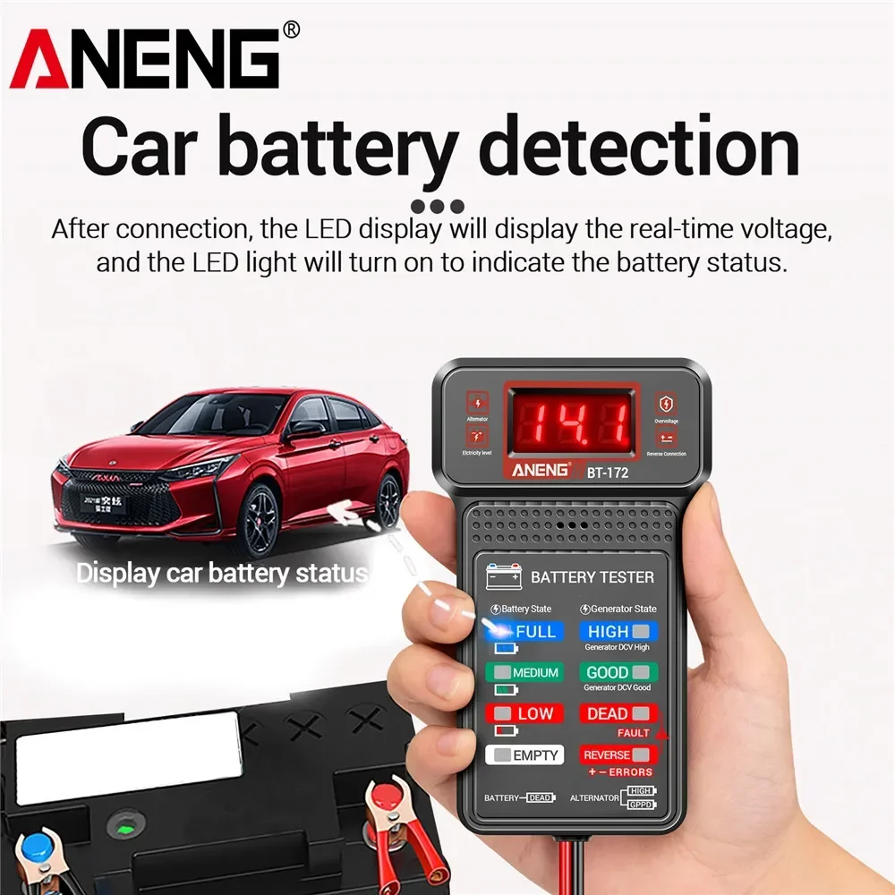 รถแบตเตอรี่เครื่องทดสอบโหลด ANENG BT-172 เครื่องวัดแรงดันไฟฟ้าดิจิตอลจอแสดงผลรถแบตเตอรี่ AMP Meter พร้อมคลิปจระเข้เครื่องมือ
