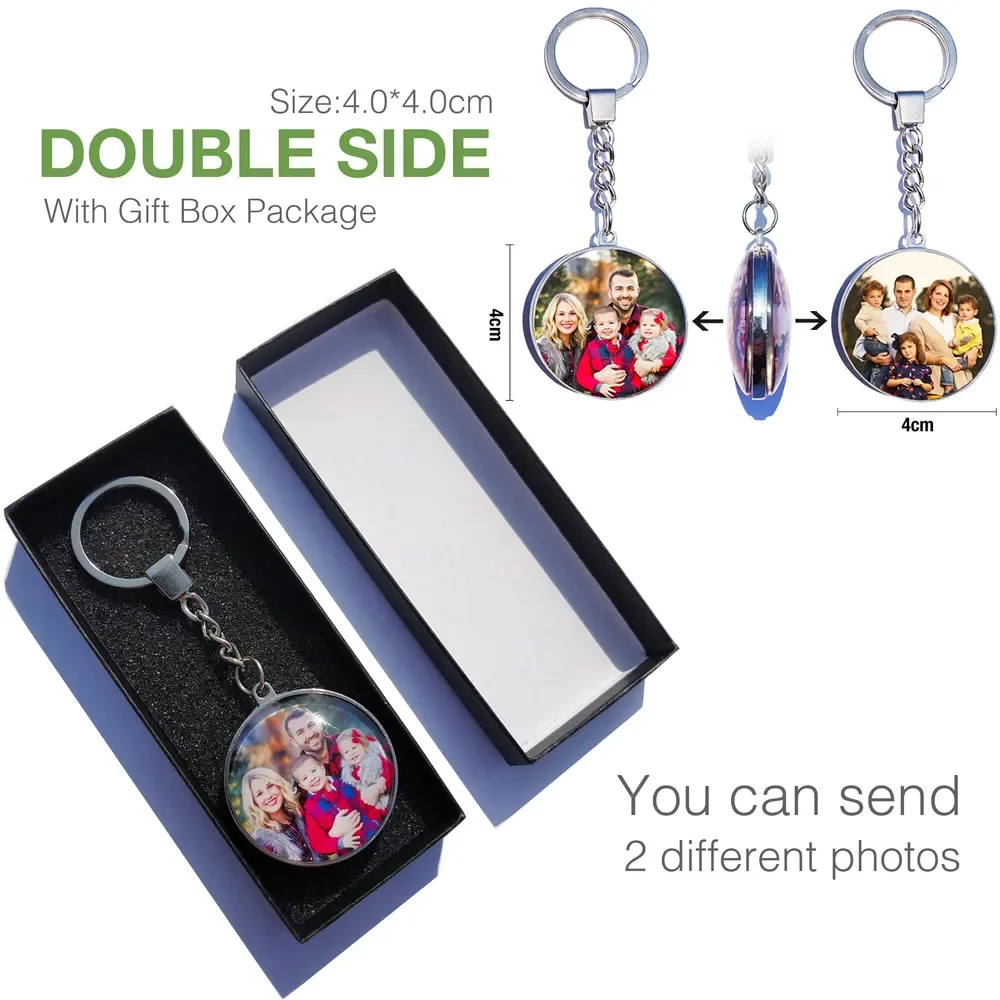 DIY Double Side Photo Custom พวงกุญแจส่วนบุคคล Keyrings ที่กําหนดเองแก้ว Cabochon ครอบครัวคนรักเด็กโลหะ Key chain ของขวัญ