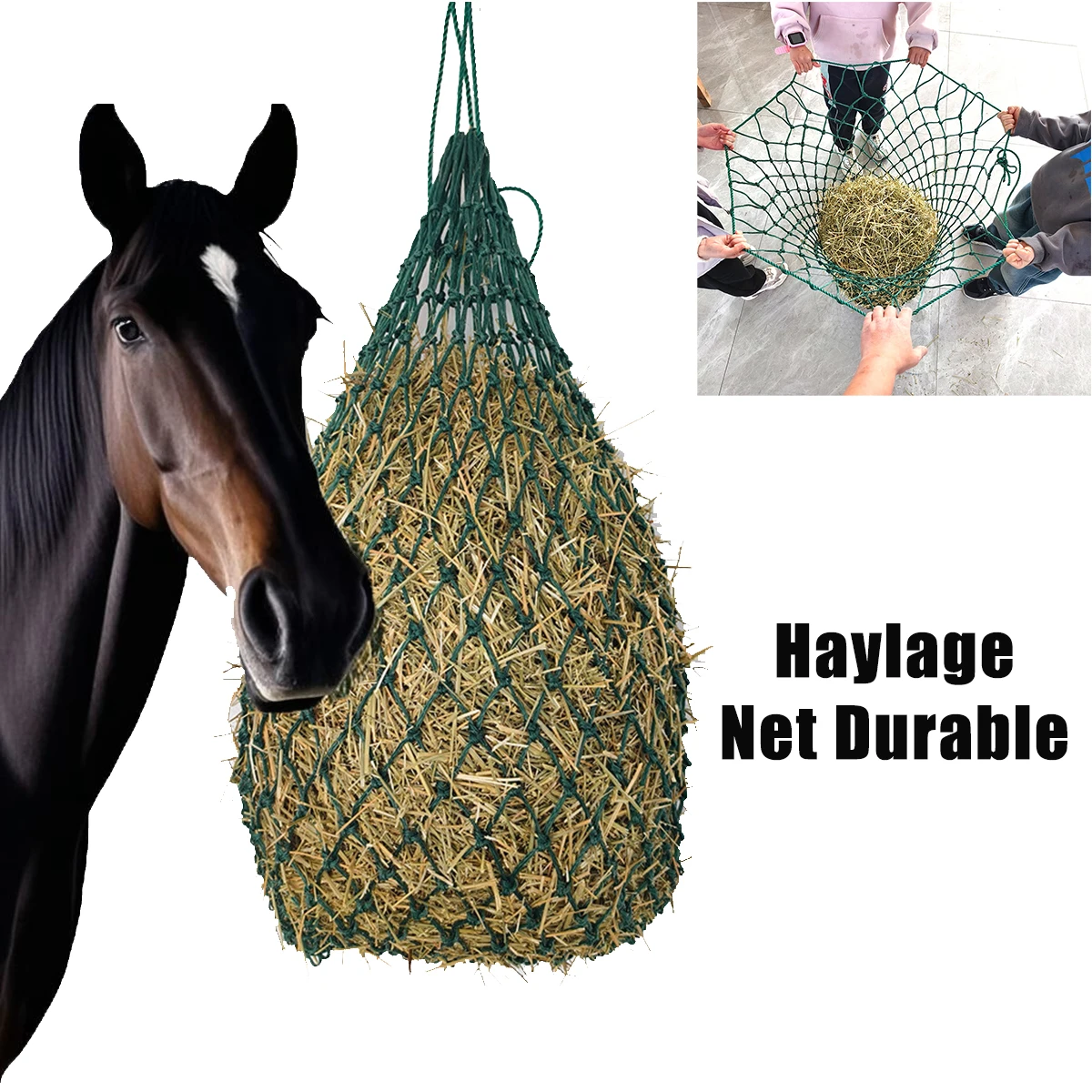 Rete per fieno Prodotti durevoli per la cura del cavallo Rete per fieno piccola con foro Attrezzatura per fieno a alimentazione lenta Borse per rete per mangiatoia per fieno per cavallo