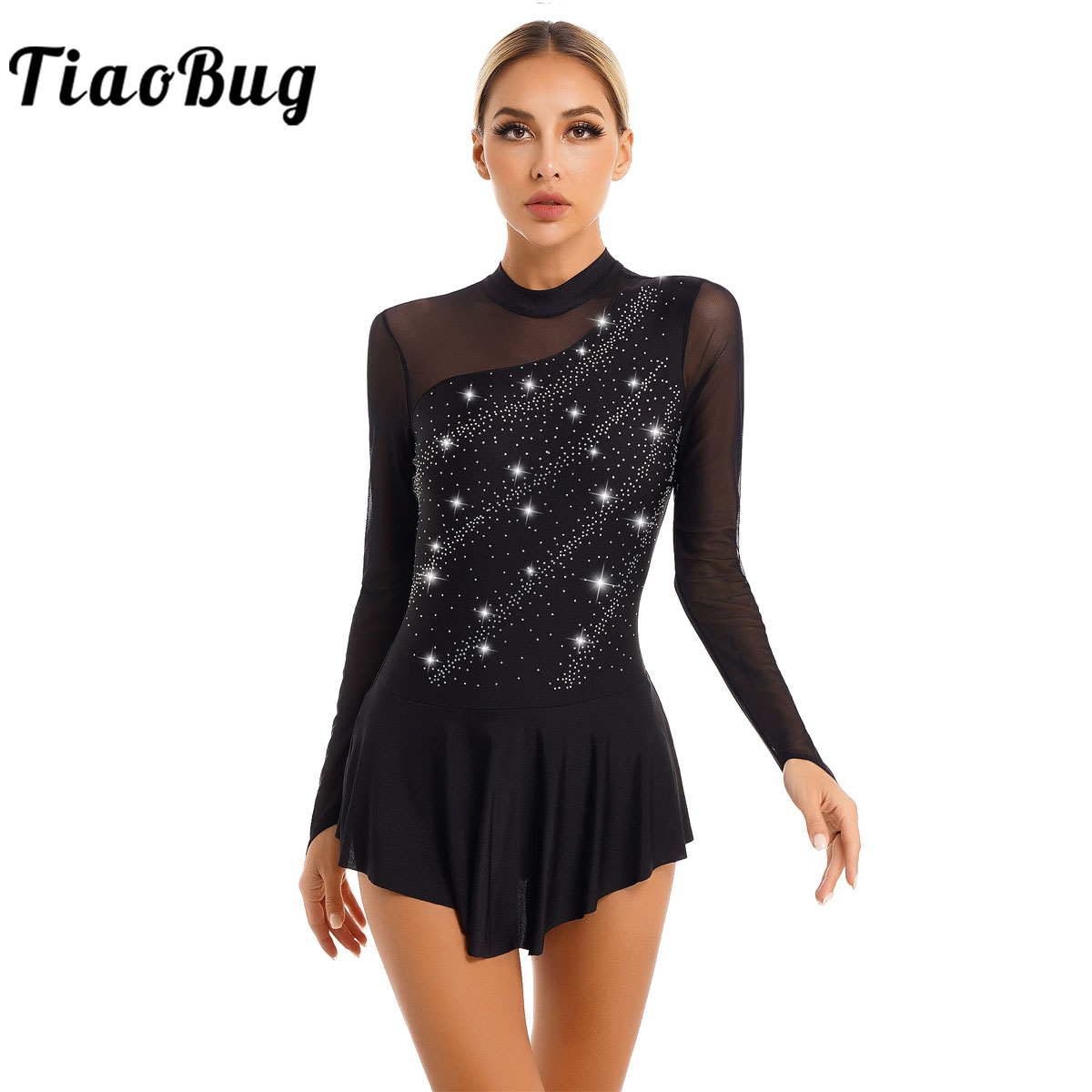 Womens Strass Figuur Schaatsen Jurk Gymnastiek Turnpakje Jurk Lange Mouw Mesh Splice Competitie Danskostuum