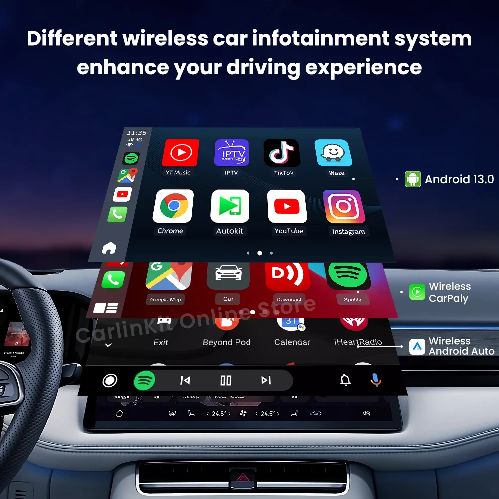 Carlinkit ТВ-приставка Android 13, светодиодный CarPlay Android Auto, беспроводной адаптер, поддержка Youtube Netfilx, IPTV Spotify Tmap, Яндекс, AfreecaTV