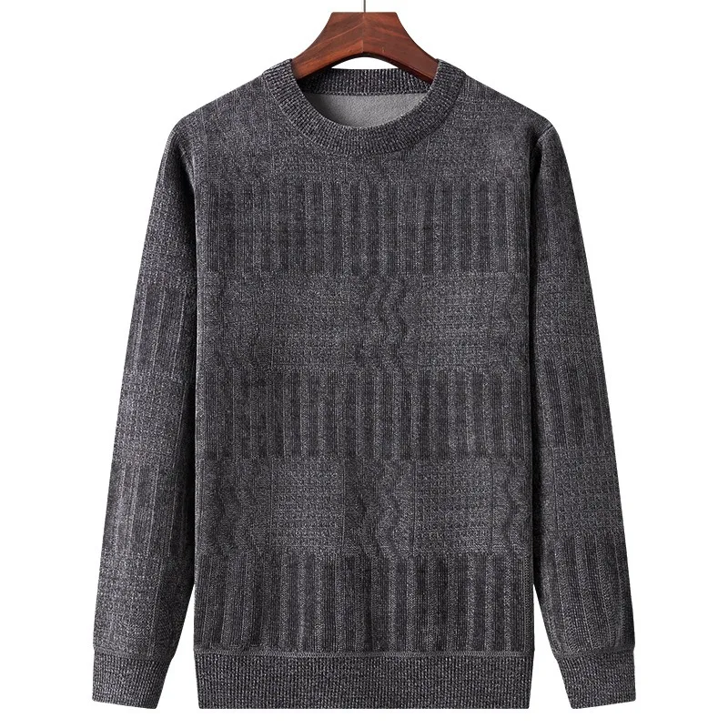 Herbst und Winter, einfarbig gemusterter Herrenpullover mittleren Alters, Plüsch und dicker Rundhalsausschnitt, lockeres und warmes Strickpullover-Oberteil