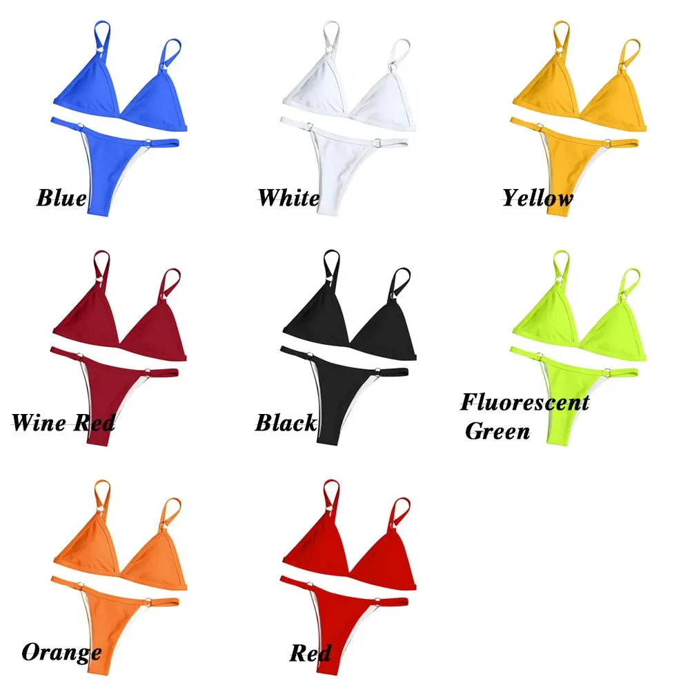 Strand Niedrige Taille Sexy Einfarbig Sling Backless Zwei Stück Split Bademode Badeanzug Bikini Set