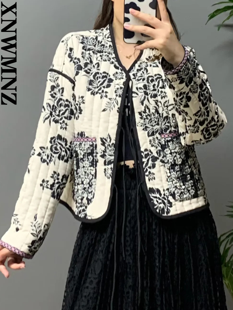XNWMNZ 2022, chaqueta acolchada con estampado a la moda para mujer, chaqueta Retro acolchada cálida con cuello de pico para mujer, chaqueta Reversible elegante para mujer