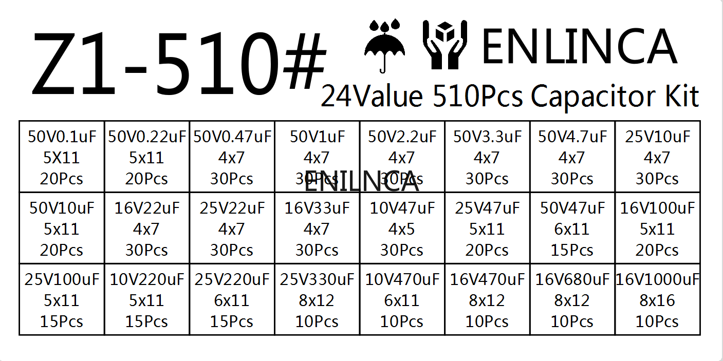 510 unids/lote 0,1 UF-1000UF 24 valores condensadores electrolíticos de aluminio 16-50V mezcla condensador electrolítico kit surtido y caja de almacenamiento
