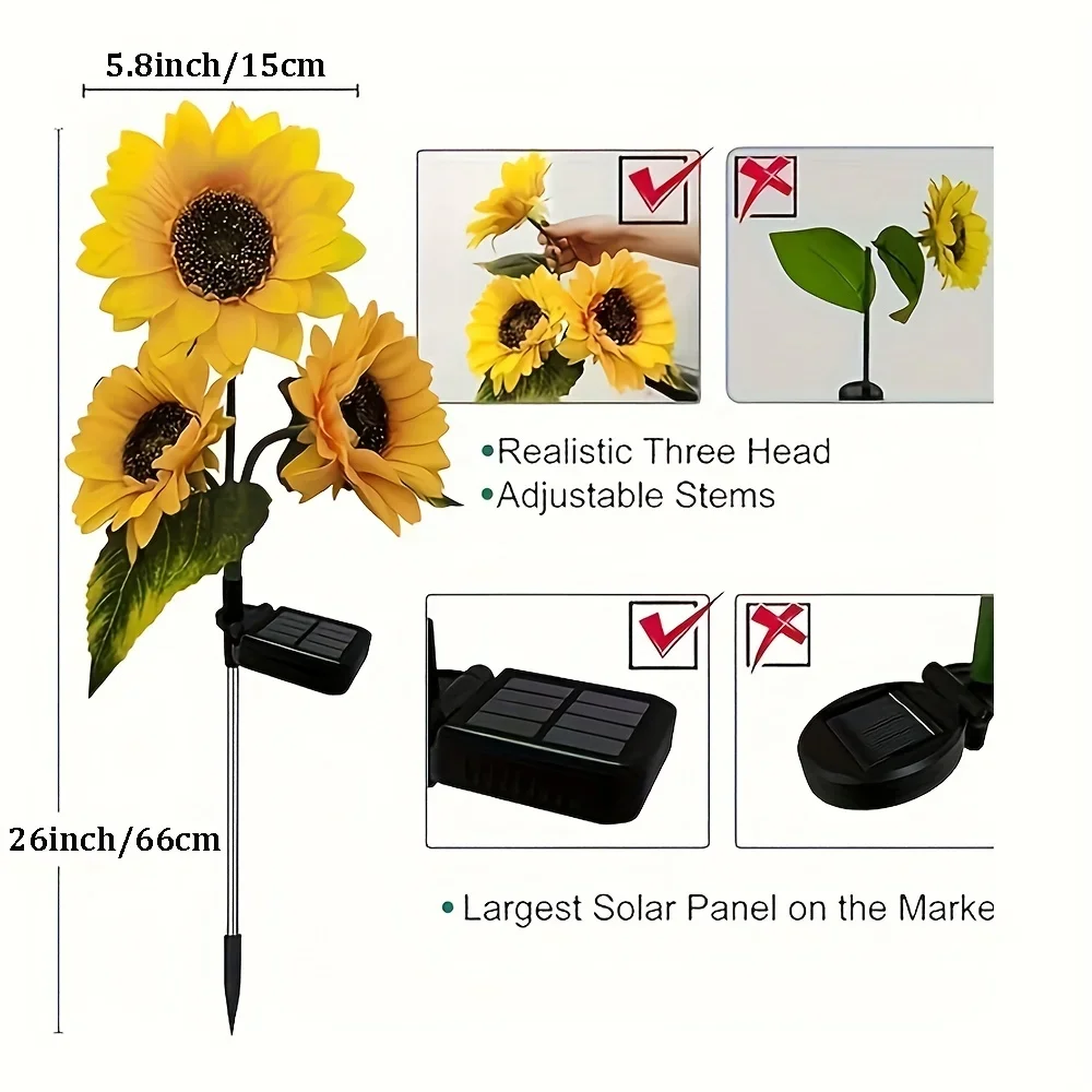 Luzes solares de girassol com 3 cabeças, estaca de jardim, decorativas ao ar livre, à prova d'água, luzes LED de paisagem para pátio, jardim, quintal