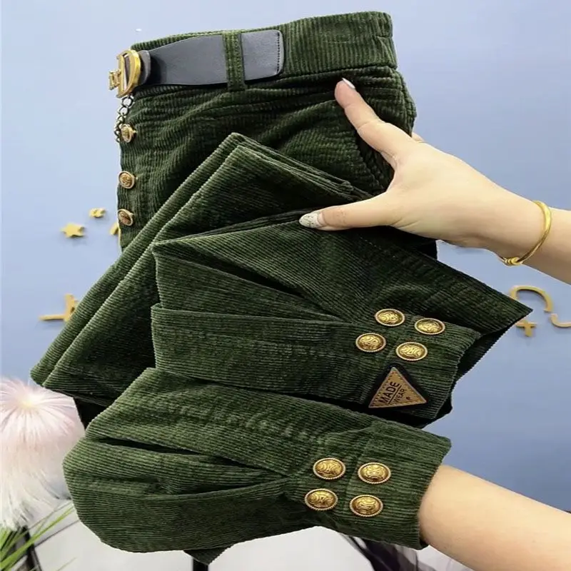 สีทึบหนา Corduroy กางเกงผู้หญิง 2023 ฤดูใบไม้ร่วงฤดูหนาวเกาหลีหลวมสบายๆกางเกงกางเกงอันตราย