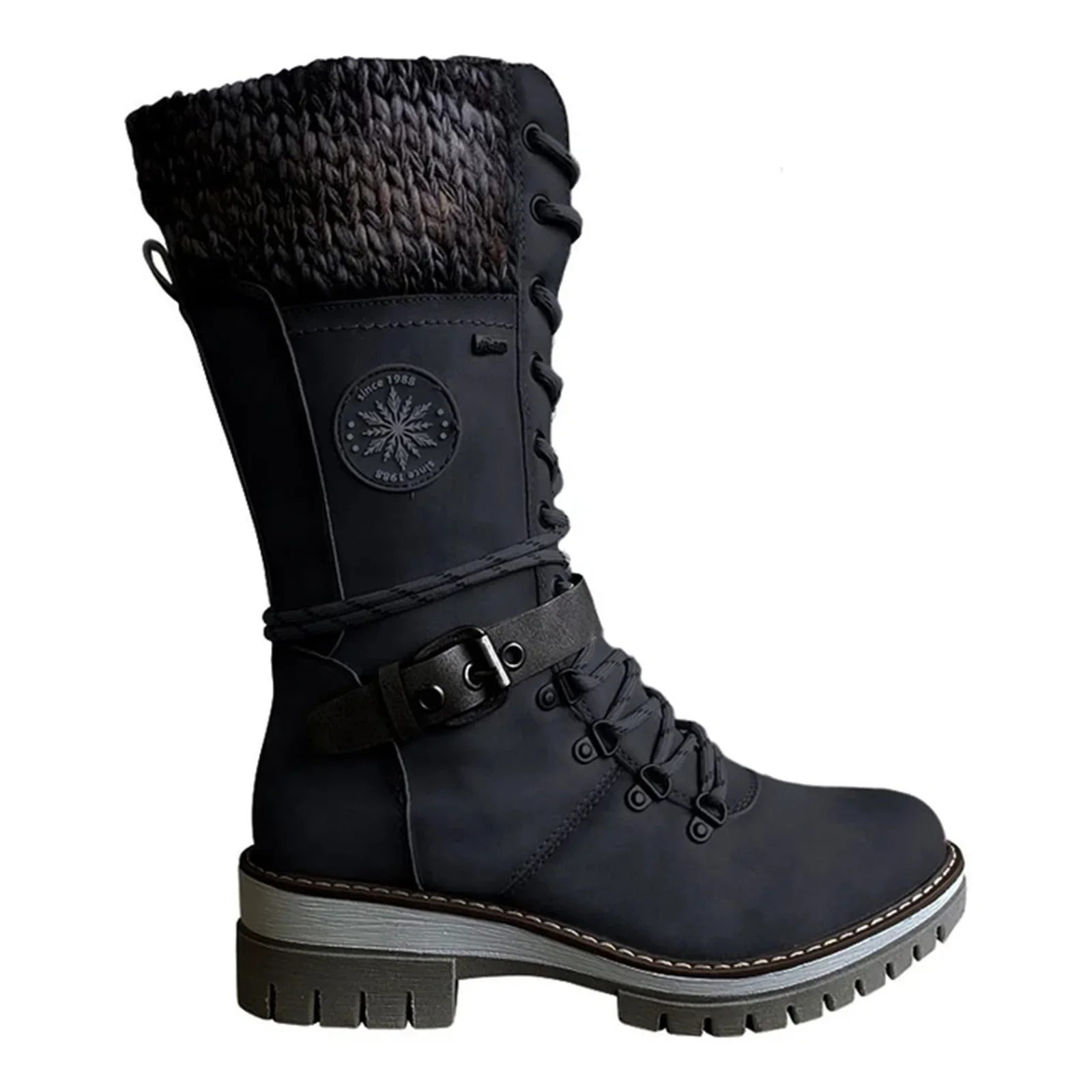 Botas De media caña con hebilla De encaje para Mujer, botines cálidos De tacón bajo con punta redonda, De alta calidad, invierno, 2023