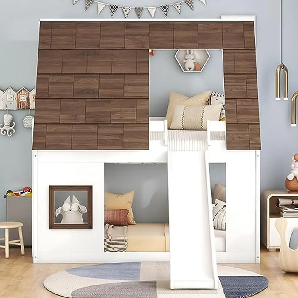 Wooden Twin Bunk Beds with Slide and Playhouse Design White Pine Wood Low Bunk Bed