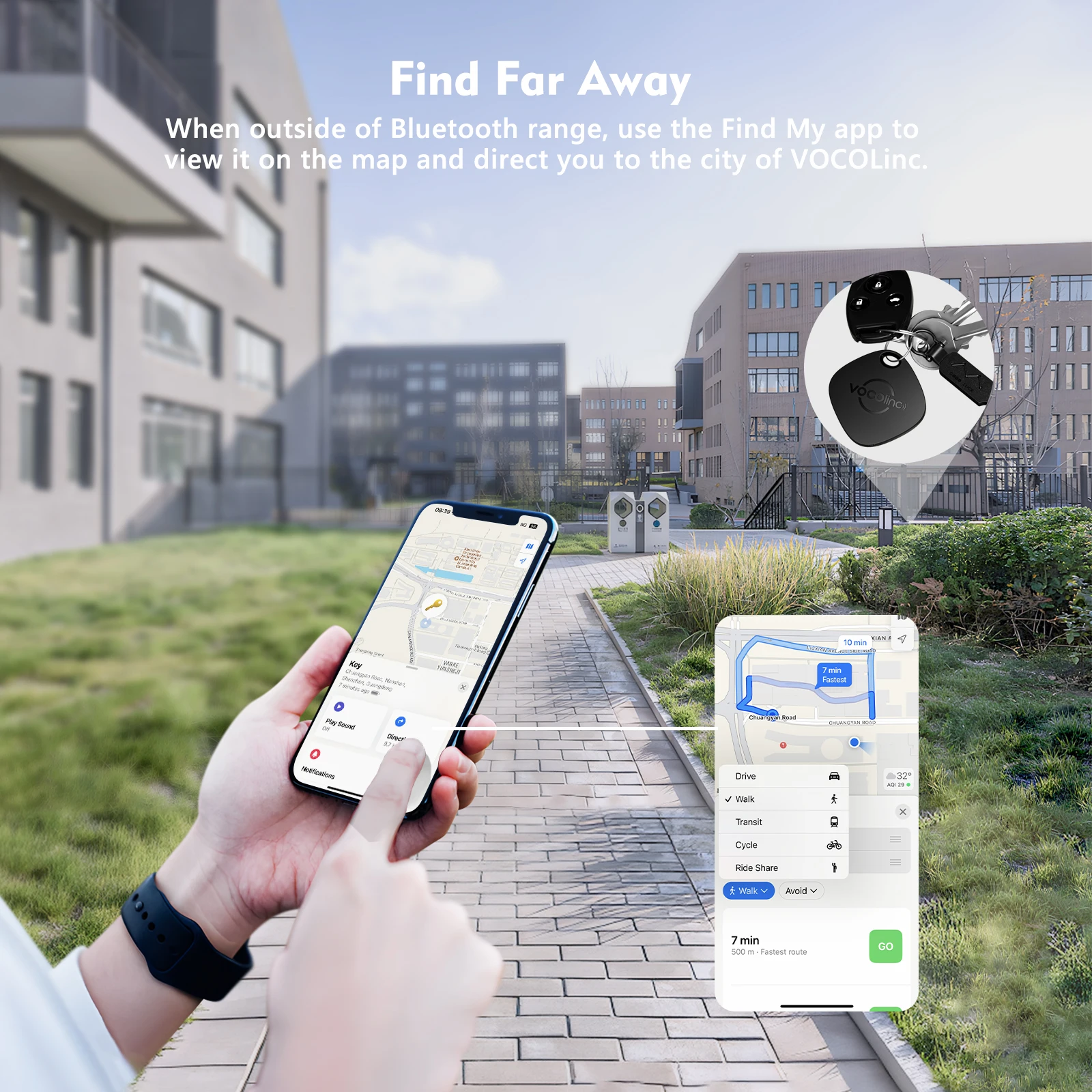 VOCOlinc อุปกรณ์ติดตามสิ่งของผ่านบลูทูธสำหรับ Find My (เฉพาะ iOS) อุปกรณ์ติดตามรถยนต์พร้อมพวงกุญแจกระเป๋าสตางค์ แท็กอัจฉริยะป้องกันการสูญหาย เครื่องระบุตำแหน่ง GPS แบบเรียลไทม์ แบตเตอรี่แบบเปลี่ยนได้ กันน้ำระดับ IP67