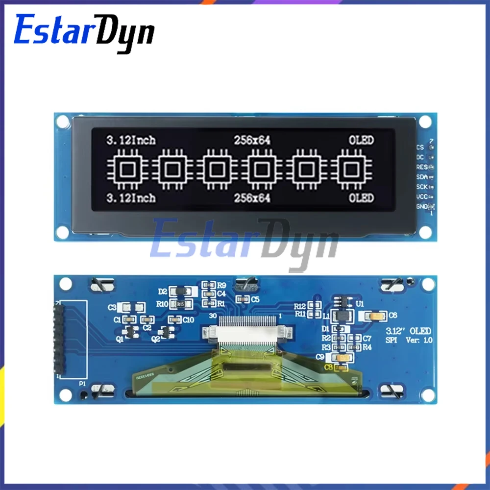 3.12 インチ OLED ディスプレイモジュール SSD1322 256x64 Arduino STM32 Raspberry Pi 用、SPI I2C インターフェイス、事前はんだ付けピンヘッダー付き