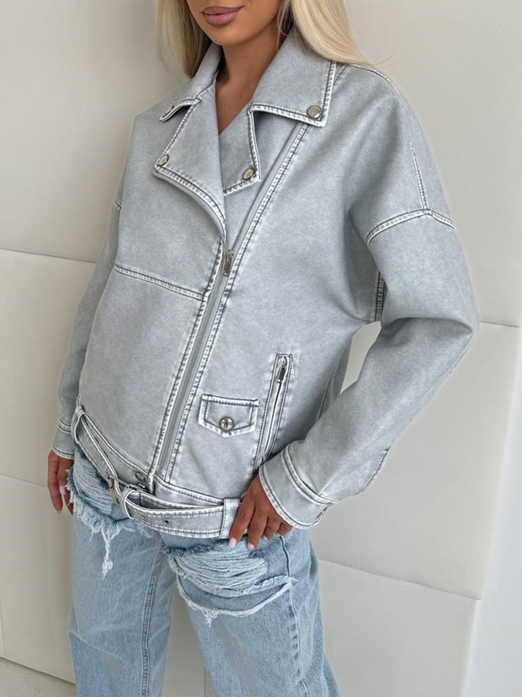 Ailegogo-ジッパーベルト付きの女性用合成皮革ジャケット,ヴィンテージスタイルのバイカーコート,レトロなブルーのストリートウェア,女性のアウター,春と秋