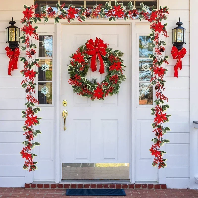 2メートルのクリスマス花輪光人工赤ベリーホリー葉アイビーつる籐花輪クリスマスツリーのオーナメントホームデコレーション