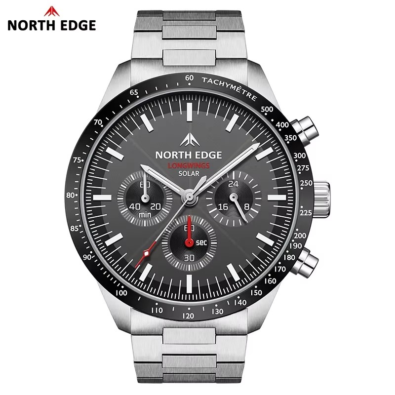 North edge 2025 longwings relógio de quartzo masculino movido a energia solar cronômetro à prova d'água 50m 316 relógio piloto luminoso de aço inoxidável completo