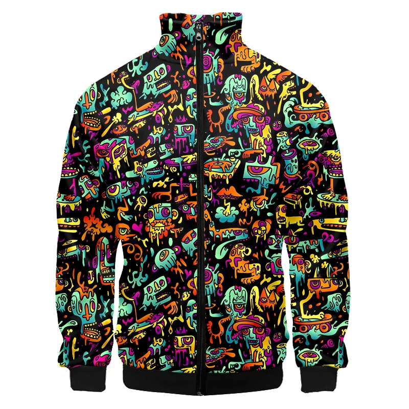 Bunte Monster Graffiti Kunst Männer plus Größe 3d Jacke Sportswear Frühling Stehkragen Reiß verschluss Pullover Baseball jacke Herren