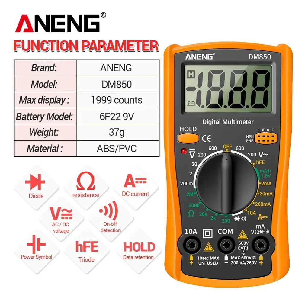มัลติมิเตอร์แบบดิจิตอล Professional 1999 นับ ANENG DM850 AC/DC เครื่องทดสอบแรงดันไฟฟ้าอัตโนมัติ Ohm Ammeter เครื่องตรวจจับเครื่องมือ