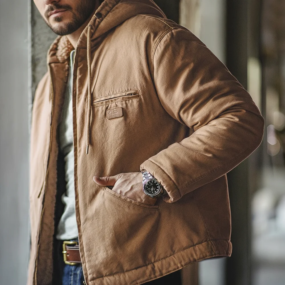 Maden retro j141 jaqueta com capuz ativo cor sólida sherpa velo algodão-acolchoado casaco com veludo quente lona outerwear para homem