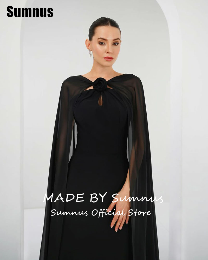 SUMNUS สีดํา Mermaid PROM Dress Elegant ดอกไม้ Cape PARTY Dresses ยาวแขนกุด Gowns อย่างเป็นทางการผู้หญิง 2025 ที่กําหนดเอง