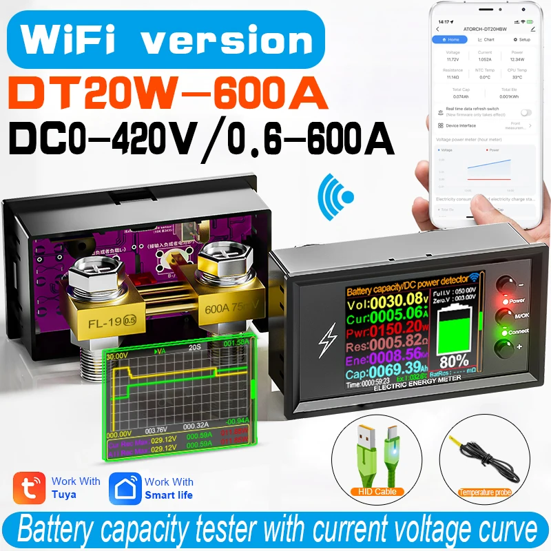 Probador inteligente de detección de capacidad de batería de litio, DC 0-420V, Tuya, WiFi, pantalla digital CC, voltaje de corriente, medidor de potencia Coulomb DT20W