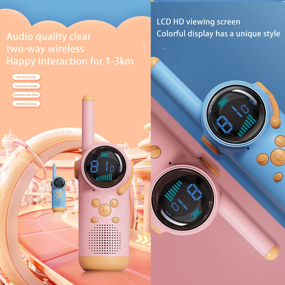 2PCS Walkie Talkie Kids LCD Screen LED Flashlight Intercom Distance 1.5-3KM Parent-child Interaction Christmas Gifts