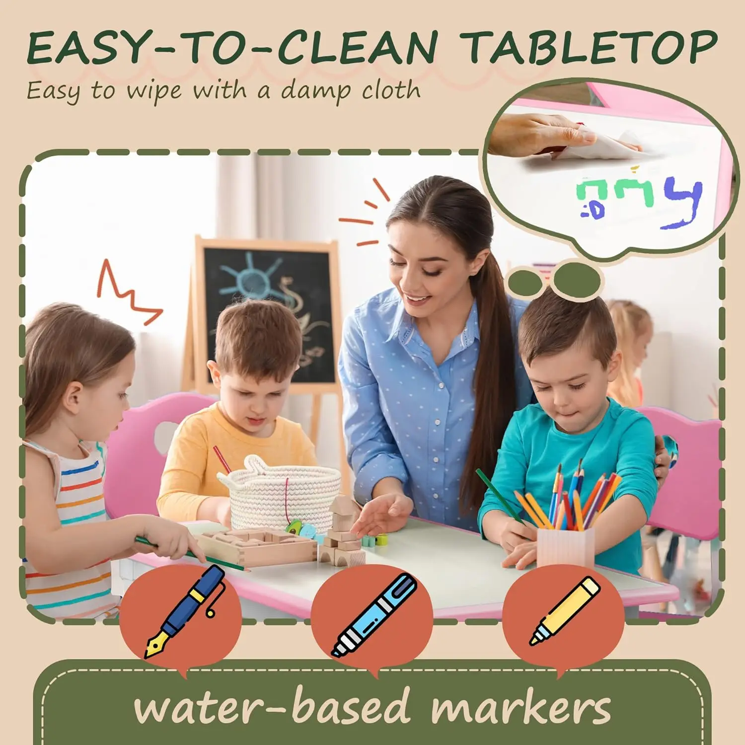 Qaba Kids Table And Chair Set, 5 Piece Toddler Table And Chair Set With 4 Chairs Adjustable Height, For Snack Time,