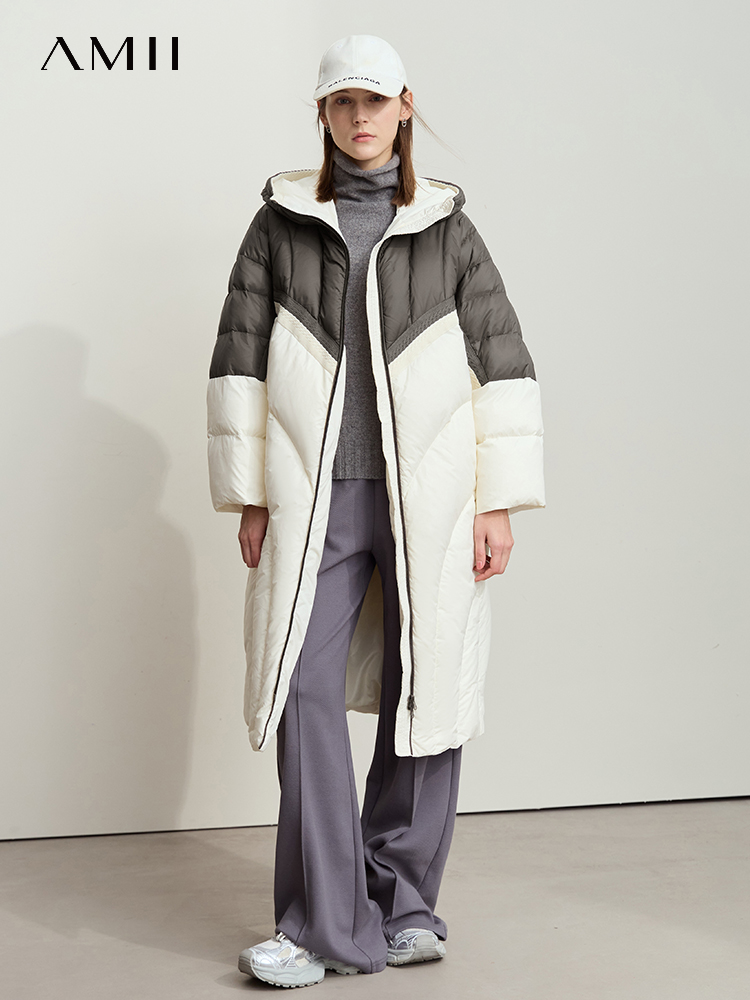 AMII-Chaqueta de plumón minimalista para mujer, abrigo grueso cálido con capucha y correas de retales de colores contrastantes para invierno 2024 12444034