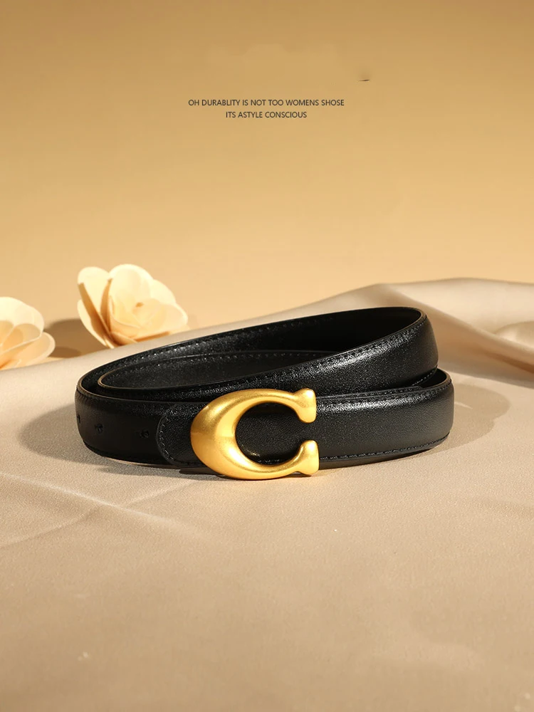 Cinto feminino de designer de moda, 2.3cm, couro genuíno, alfabeto, fivela dourada, cinto ultrafino para todas as ocasiões