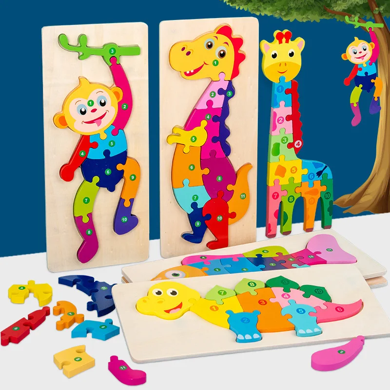 Prostokątne drewniane puzzle dla dzieci, zwierzęta pojazdy wzór kolorowe drewniane puzzle numerowane dla małych dzieci, nauka zabawek edukacyjnych