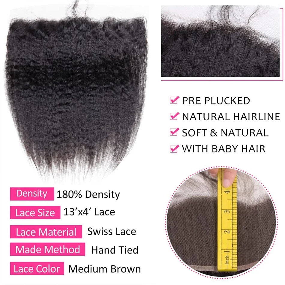 12A crudo indio rizado recto 3 mechones con cierre extensiones de cabello humano con Frontal HD Yaki mechones de tejido recto con Frontal