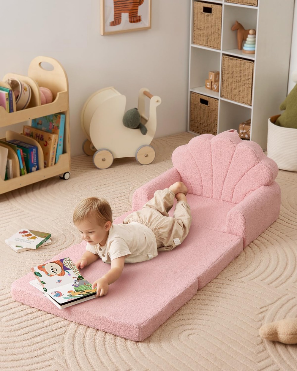 2-in-1 Kids Couch & Lounger, Convertible Toddler Sofa with Washable Cover, Soft Pink Shell Design for Playroom