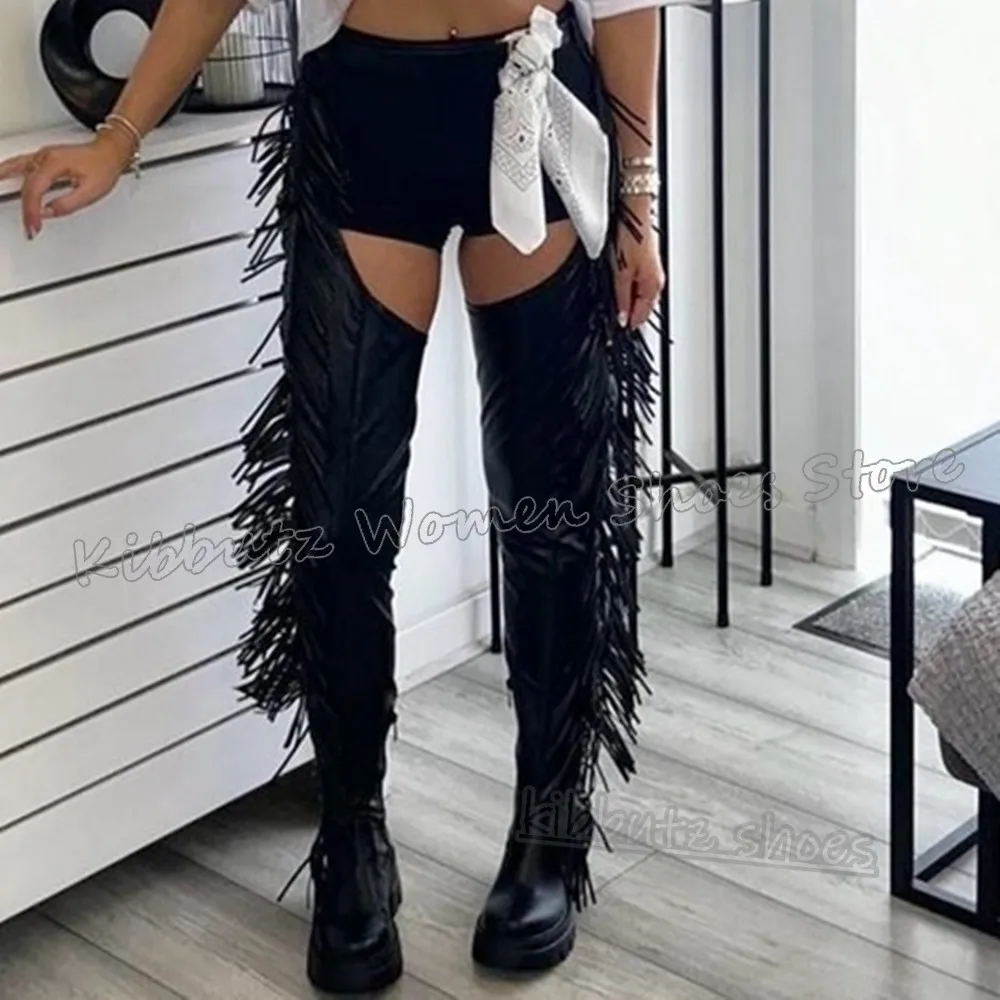 Sepatu Boot Fringe di Atas Lutut, Ujung Bulat, Hak Rata dengan Ritsleting Samping, Warna Solid, Kulit, Fashion, Unik, Ringkas, Seksi, dan Menawan untuk Wanita